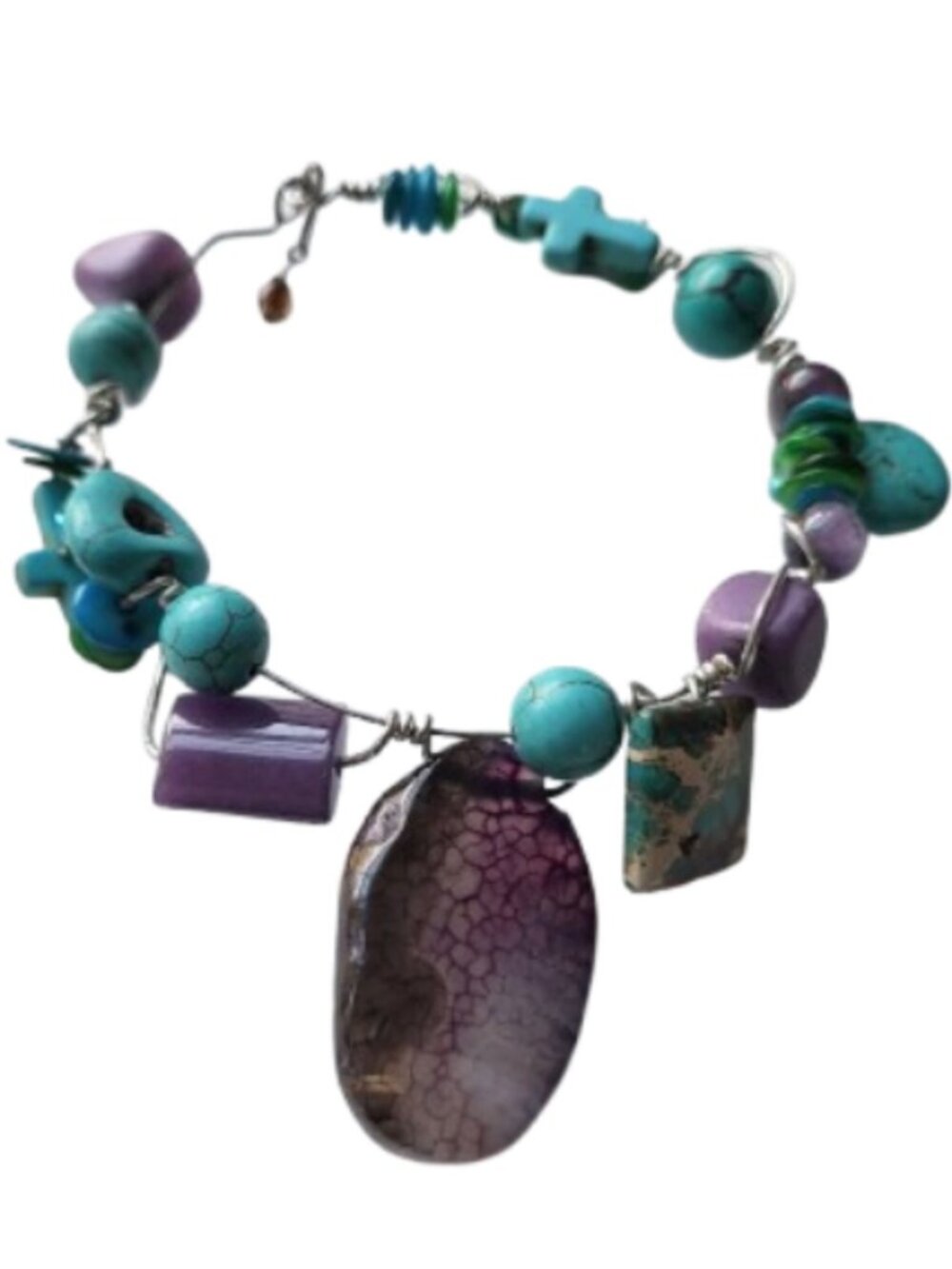 Hand-Crafted Wire Wrapped Purple & Turquoise Gemstone Bangle Cross Bracelet